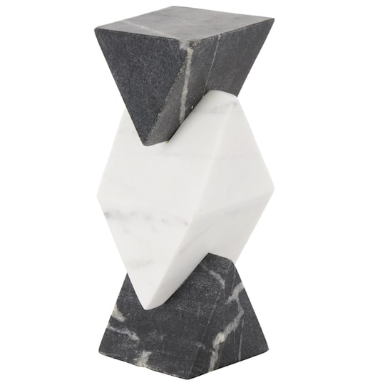 9.5" Black & White Geometric Stacked Pyramid Marble Sculpture with Diamond Center